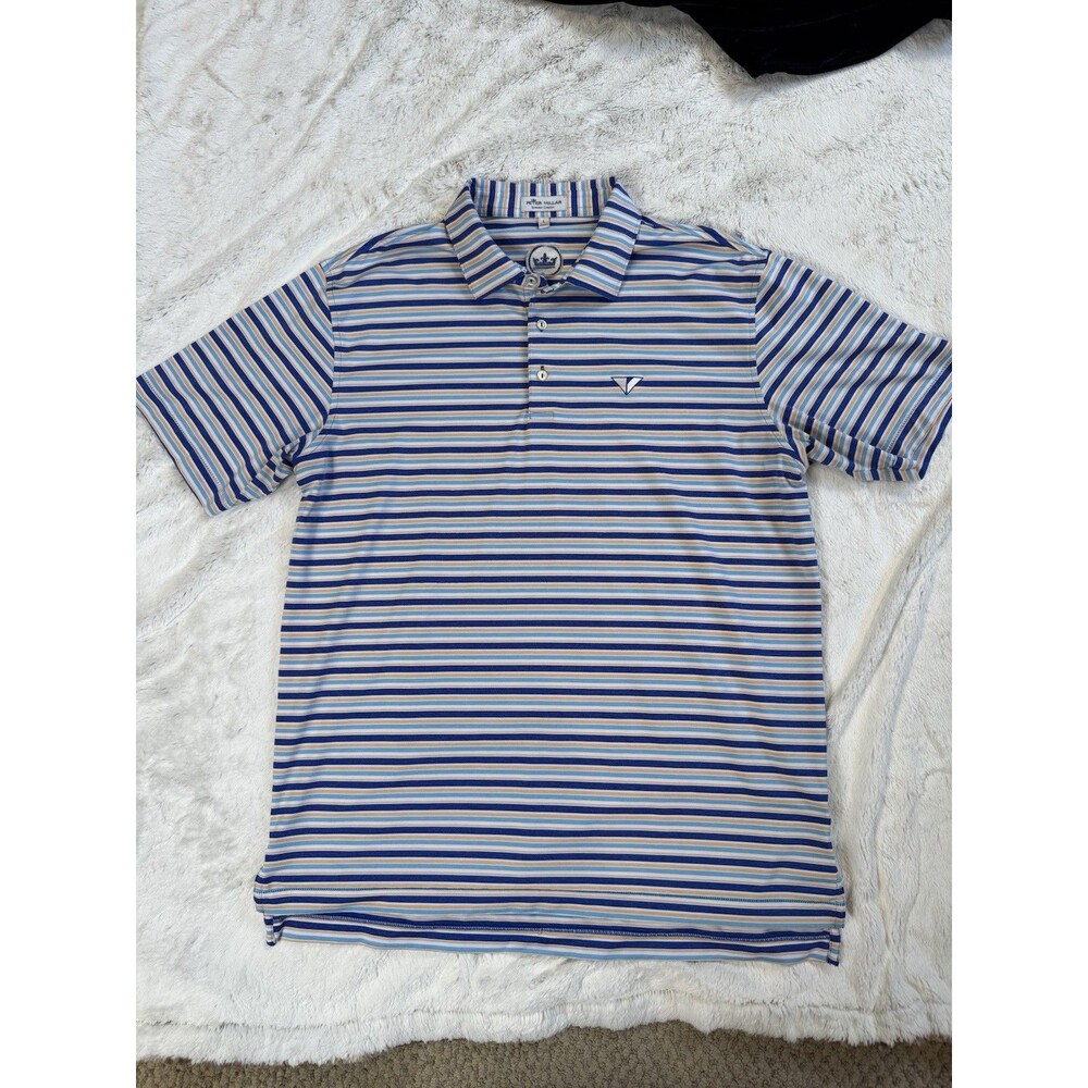 Peter Millar Summer Comfort Polo Shirt Sz L Blue Orange Striped Patch 24x31